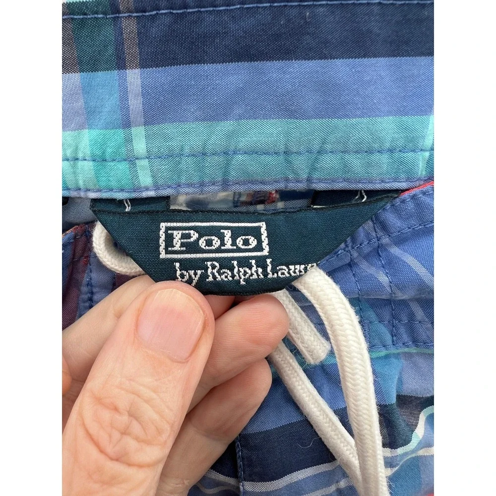 VTG Polo Ralph Lauren Board Shorts Mens 36 Plaid Swim Trunks Multi Color 90s